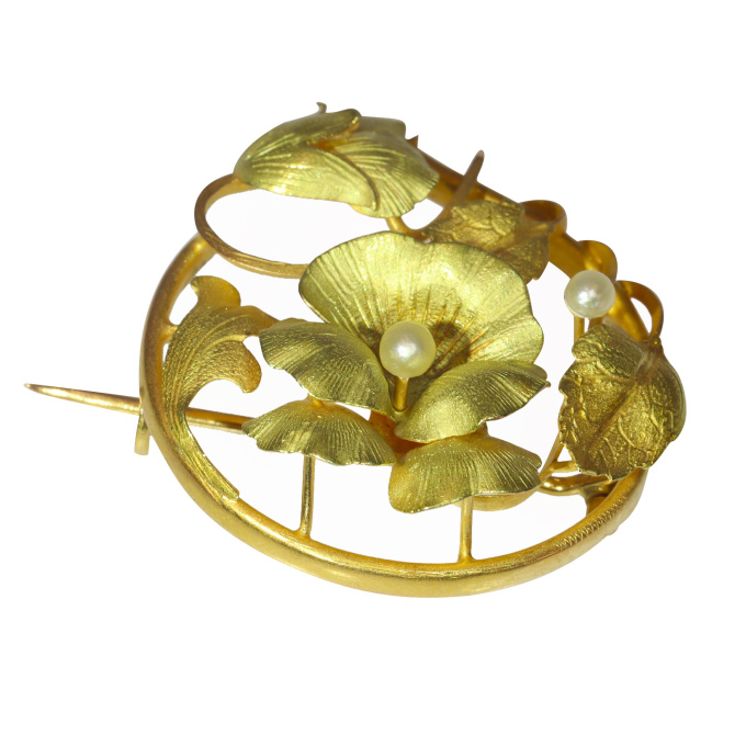 Vintage antique Art Nouveau 18K gold flower branch brooch with natural seed pearls by Unknown Artist