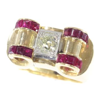 Impressive Retro ring with big old brilliant cut diamond and carre rubies by Unknown Artist