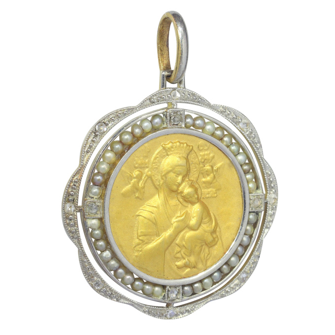 Vintage antique 1910's Edwardian - Art Deco 18K gold medal set with diamonds and pearls Mother Mary Our Lady of Perpetual Help by Artiste Inconnu