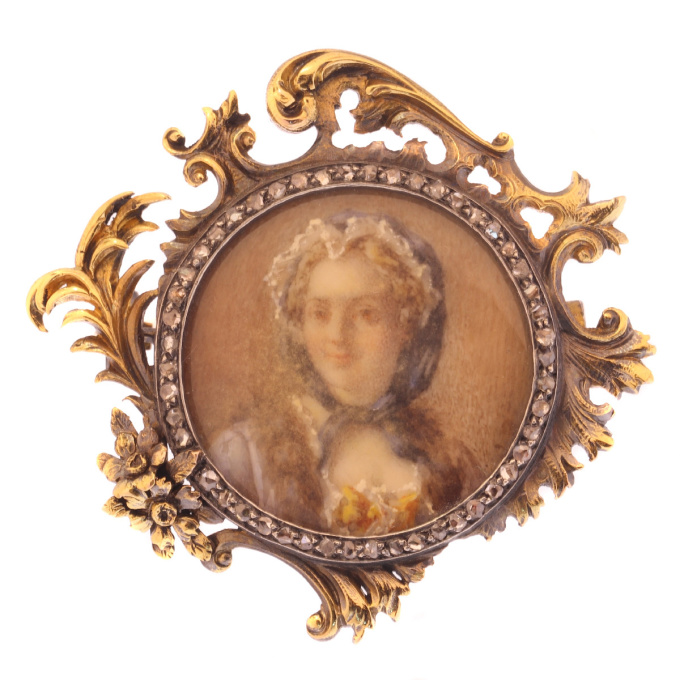 French Victorian brooch painted miniature of Madame de Pompadour in diamond mounted gold frame by Unknown Artist