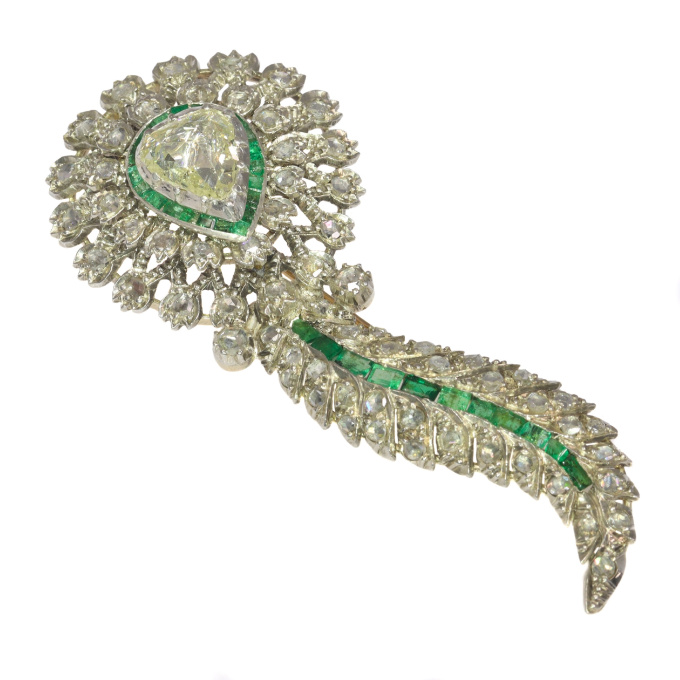 Antique brooch with large pear shaped rose cut diamond and set with many rose cut diamonds and carre cut emeralds by Artiste Inconnu