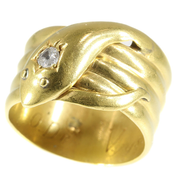 Antique gold English coiled snake ring with old brilliant cut diamond (ca. 1893) by Unknown artist