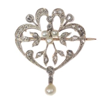 Vintage antique brooch pendant set with rose cut diamonds and seed pearls by Unknown artist