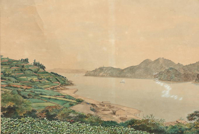 Large panoramic painting of the bay of Nagasaki by Artista Desconhecido