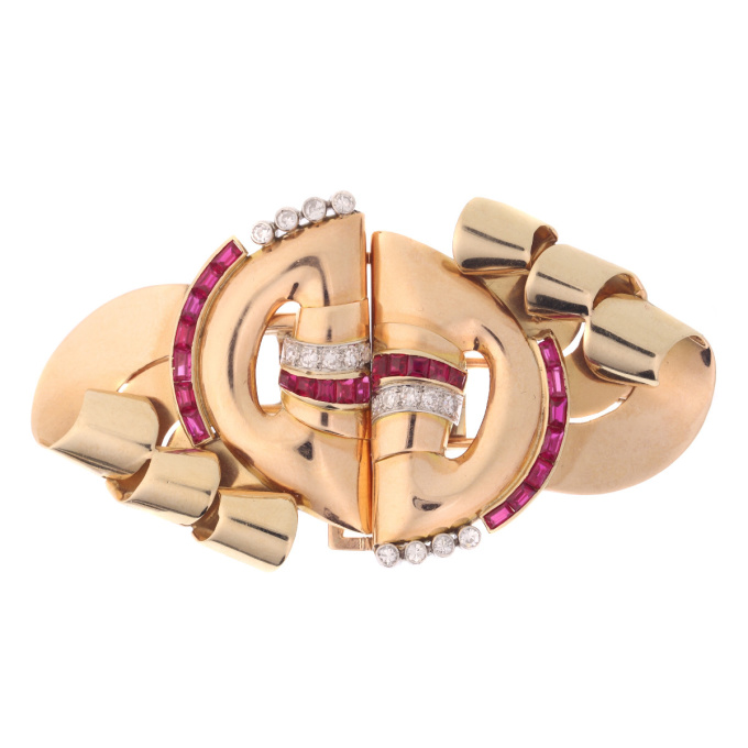 Strong design three tone gold Retro double clip with diamonds and rubies by Artista Desconocido