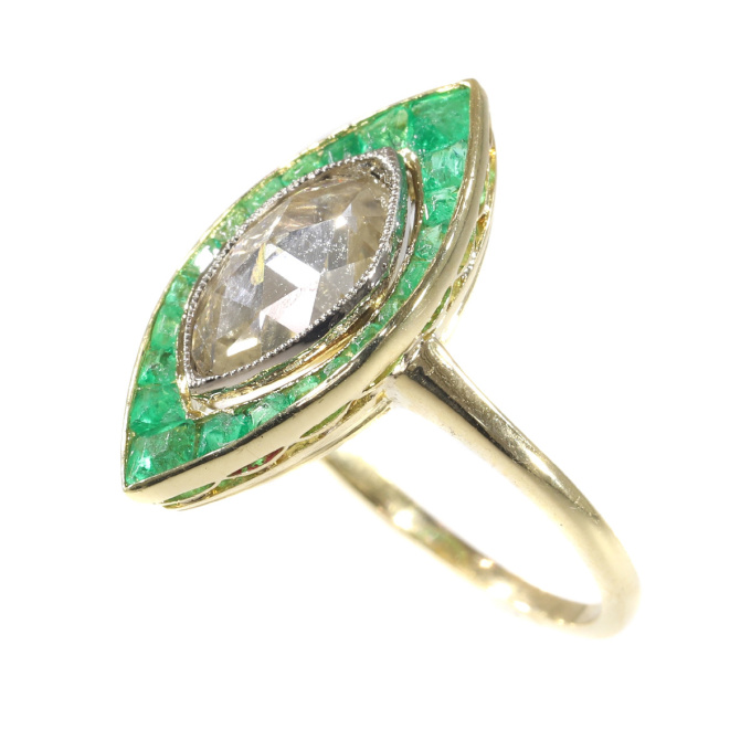 Art Deco Vintage engagement ring large marquise rose cut diamond and emeralds by Artiste Inconnu