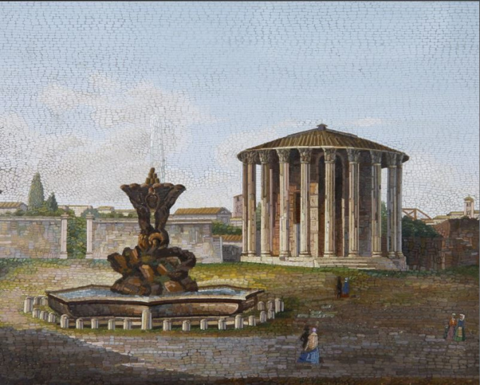 Micromosaic in gilded wooden frame, depicting the Forum Boarium in Rome, nowadays the Piazza della B by Unknown artist