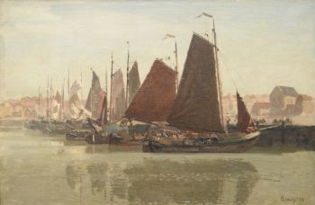  Sailing ships in the port of Scheveningen. by Reinier Sybrand Bakels