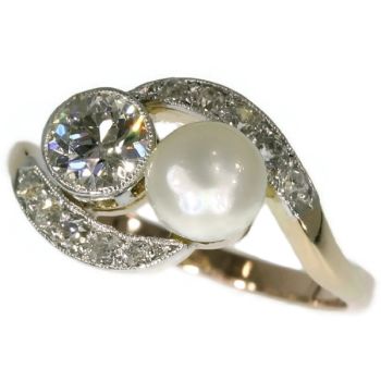 Romantic engagement ring with diamonds and pearl by Unknown artist