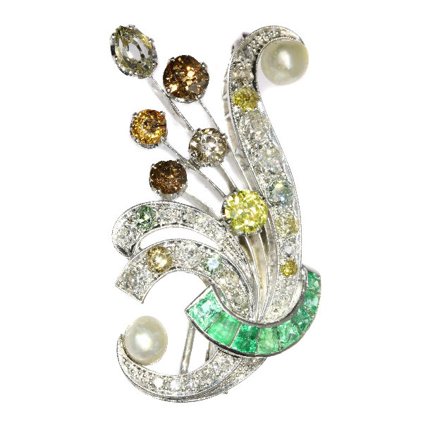 Vintage fancy color diamonds platinum bouquet or feather pendant/brooch by Unknown Artist