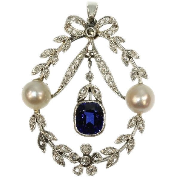Belle Epoque diamond pearl and sapphire pendant by Unknown artist