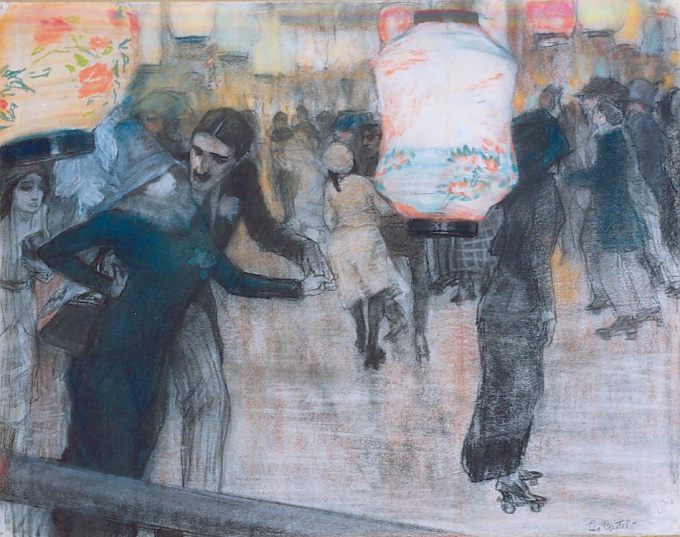 A roller skating rink with Japanese lanterns by Leo Gestel