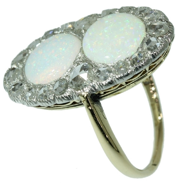 Antique Victorian engagement ring with rose cut diamonds and cabochon opals by Artista Sconosciuto