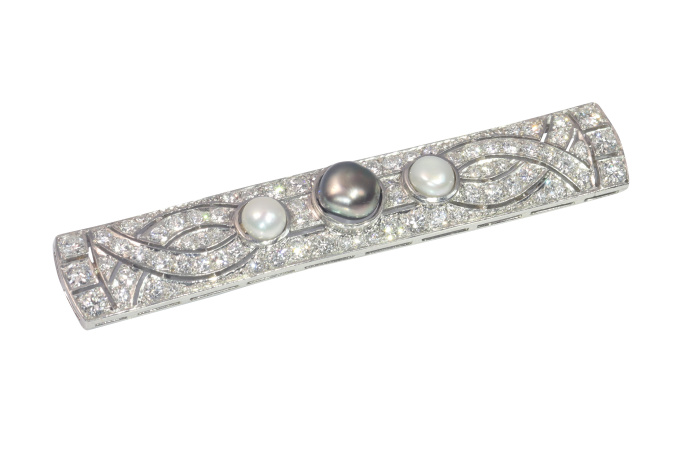 Vintage Fifties Art Deco platinum diamond bar brooch with pearls by Unknown artist