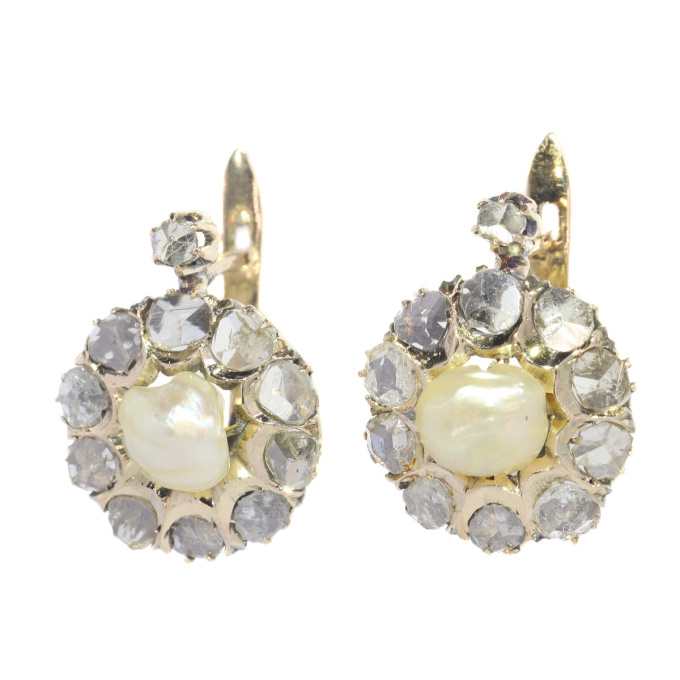 Victorian pink gold earrings set with rose cut diamonds and natural pearls by Artista Sconosciuto