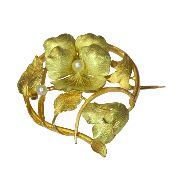 Vintage antique Art Nouveau 18K gold flower branch brooch with natural seed pearls by Unknown Artist