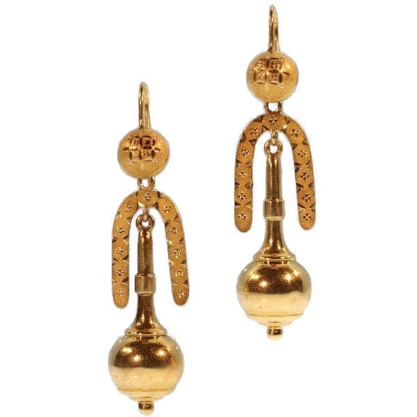 Victorian gold dangle earrings original box by Artista Sconosciuto