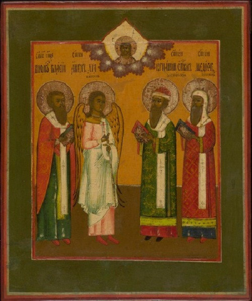 Antique Russian icon: Four chosen saints by Artista Sconosciuto