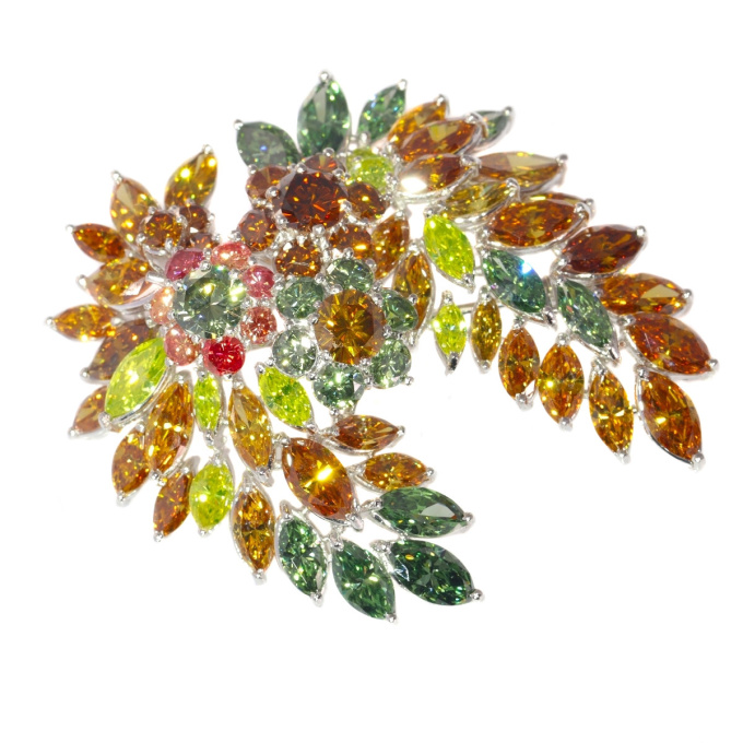 Spectacular Vintage 1970's brooch with over 19 carats of fancy colour diamonds by Unknown Artist