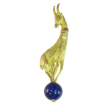 Vintage Seventies 18K gold chamois brooch on lapis lazuli sphere by Unknown artist