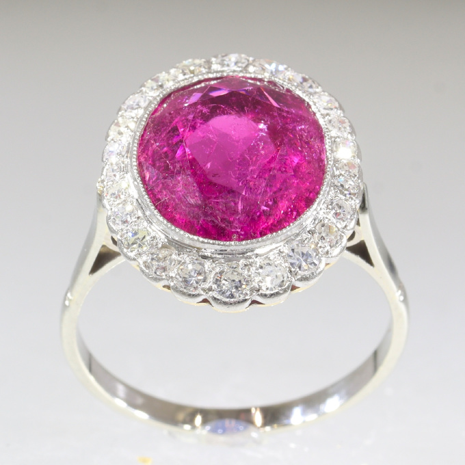 Vintage diamond engagement ring with large rubellite of 7.09 crt by Unknown Artist