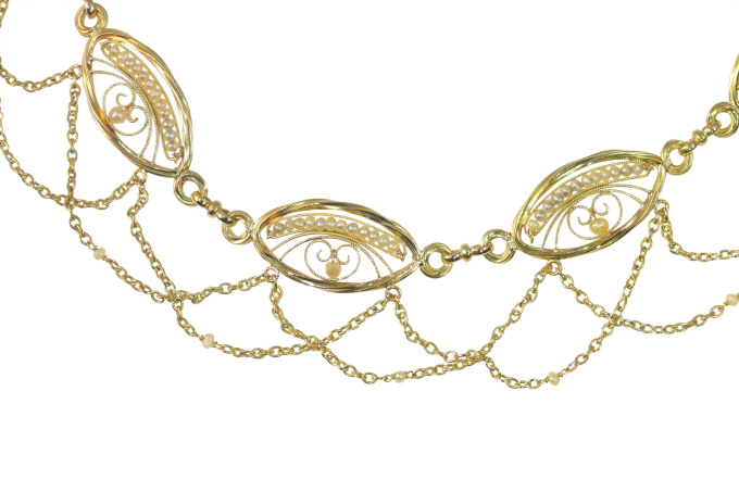 Antique French 18K gold filigree necklace with over 100 natural seed pearls by Unknown artist