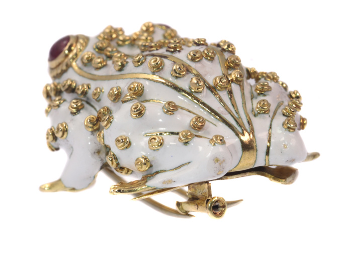 David Webb signed white frog large brooch with ruby eyes by Unknown artist