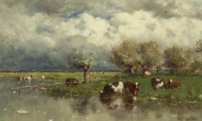 Cows in a water landscape by Willem Roelofs