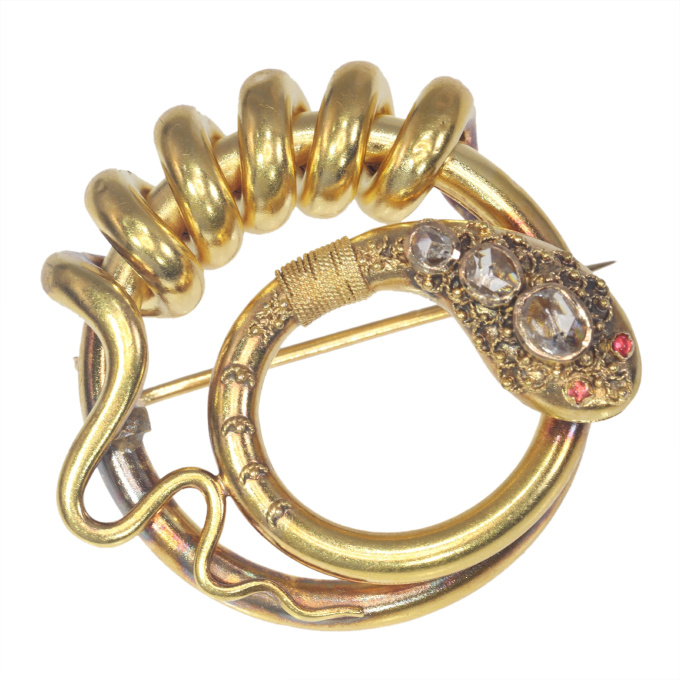 Vintage antique late Victorian 18K snake brooch with rose cut diamonds and red stones by Artista Sconosciuto
