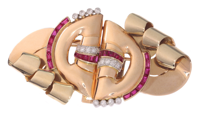 Strong design three tone gold Retro double clip with diamonds and rubies by Artista Desconocido