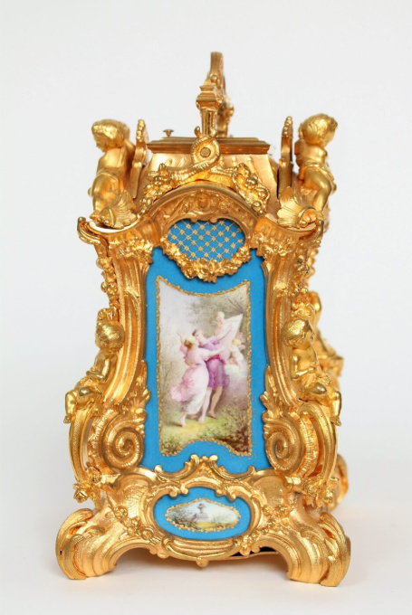 A rare French gilt bronze rococo case travel clock with Sèvres panels by Drocourt, circa 1870 by Drocourt