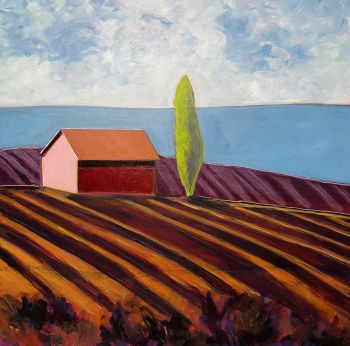 Melissa Chandon One cyprus against blue hills  Oil painting 92 x 92  cm y 2023 by Melissa Chandon