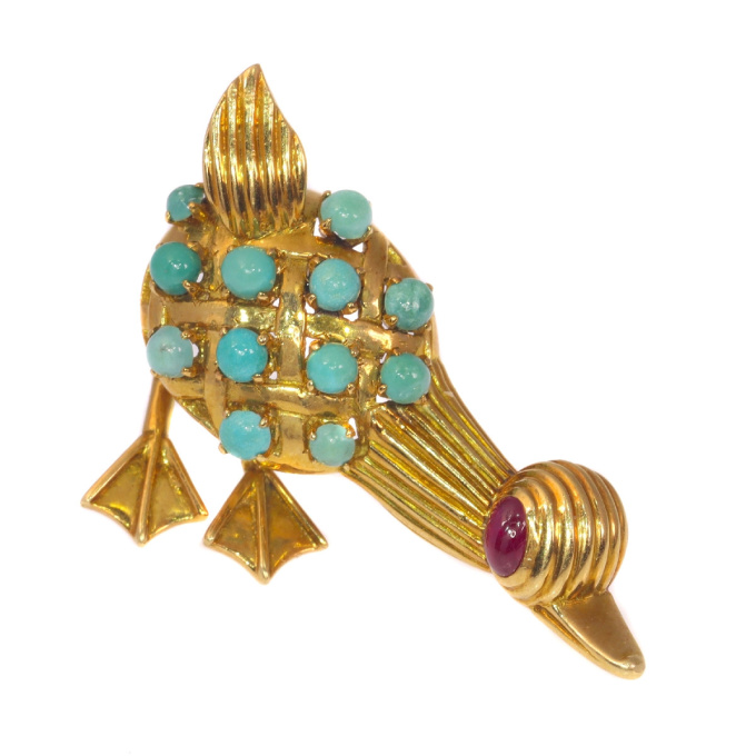 Vintage Fifties comical duck brooche with turquoises and ruby by Unknown artist