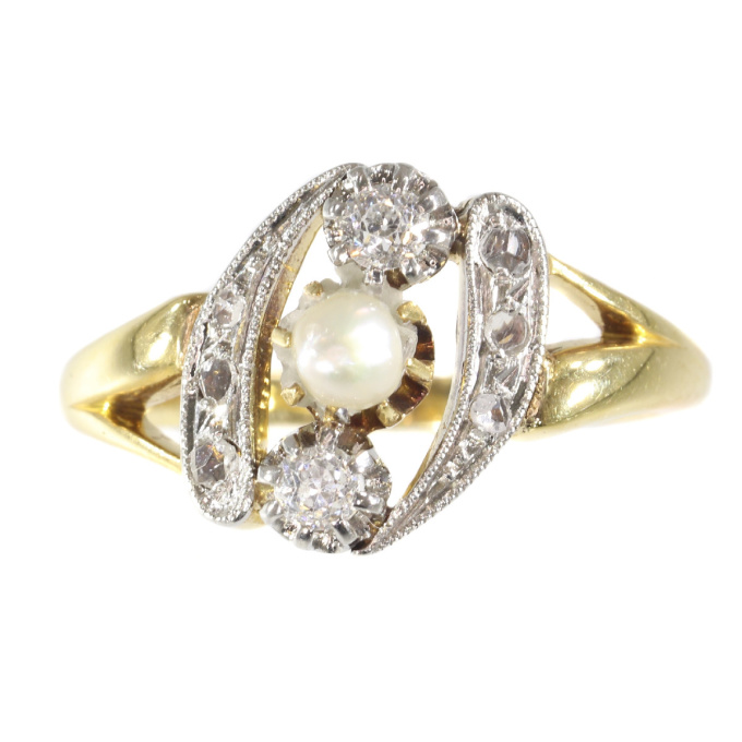 Elegant estate diamond and pearl engagement ring by Unknown artist