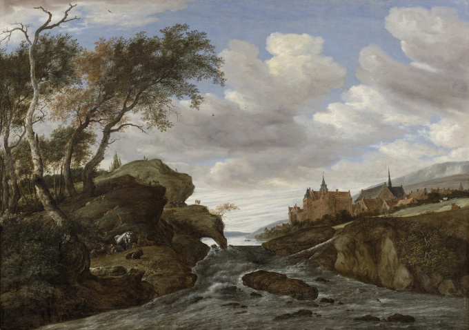 Rocky landscape with a waterfall by Salomon van Ruysdael