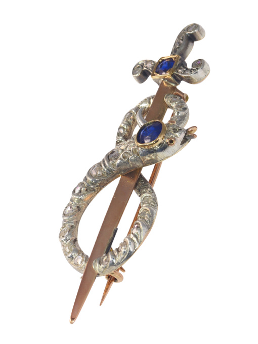 Antique gold diamond and sapphire brooch snake wrapped around sword or dagger by Artiste Inconnu