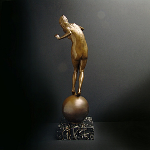 Lady balancing on a ball, art deco sculpture by Johan Wolfgang Elischer
