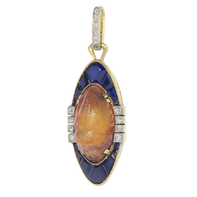 Vintage antique Art Deco neo-Egptian scarab pendant with diamonds sapphires and a Carrera fire opal by Unbekannter Künstler