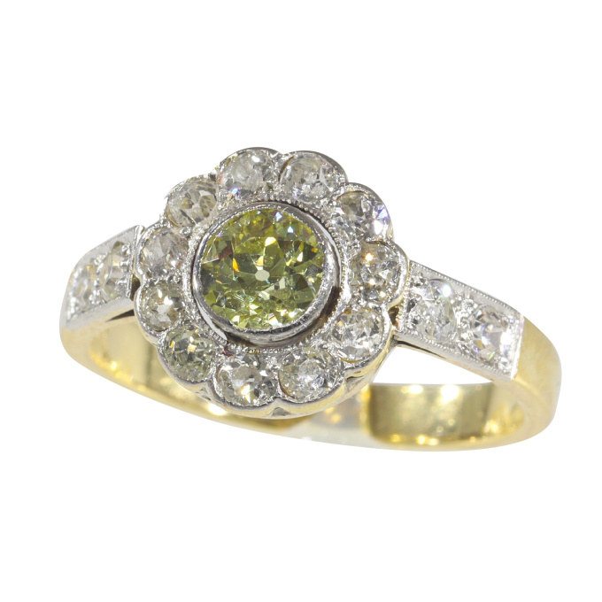 Vintage 1920's Belle Epoque / Art Deco diamond engagement ring with fancy colour center brilliant by Artiste Inconnu