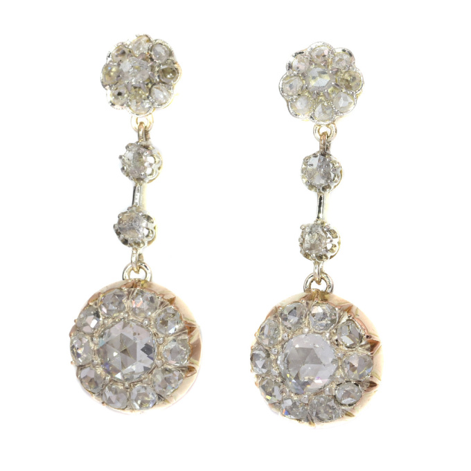 Vintage long pendant diamond earrings with 44 rose cut diamonds by Artista Sconosciuto