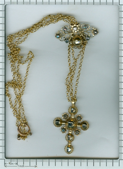 18th Century gold and diamond cross on necklace with table rose cut diamonds by Artiste Inconnu