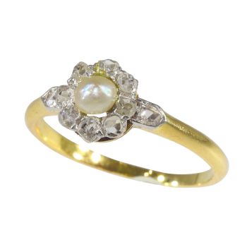 Vintage antique diamond and pearl engagement ring by Unknown Artist