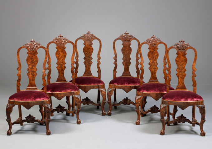 Six Dutch Louis XV Carved Walnut Chairs by Onbekende Kunstenaar