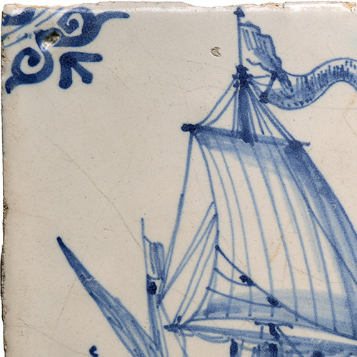 White and blue tile with Dutch merchant ship second half 17th century by Artiste Inconnu