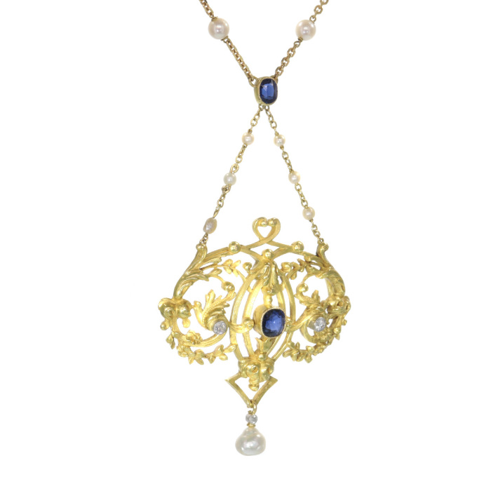 Late Victorian French gold pendant on chain with diamonds sapphires and pearls by Artiste Inconnu