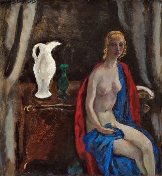 Sitting female nude with red shawl and white jug by Jan Sluijters