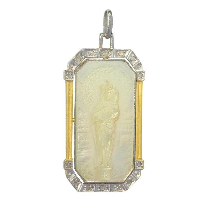 Vintage 1920's Art Deco diamond medal Virgin Mary and baby Jesus by Artista Desconocido
