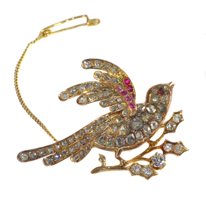 Vintage antique Victorian gold bird of paradise brooch set with 81 diamonds by Artista Desconocido