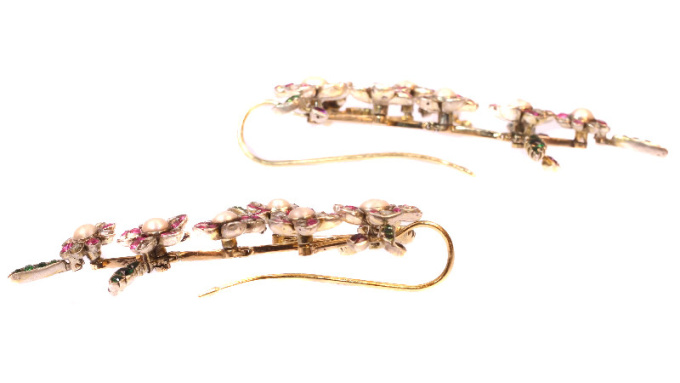 Extravagant long pendent earrings from antique parts diamonds, pearls, rubies by Artista Desconhecido
