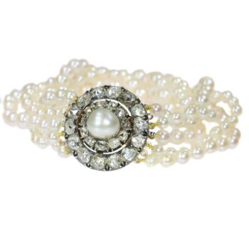 Antique 5-string pearl bracelet with rose cut diamond closure and real big pearl by Unknown Artist